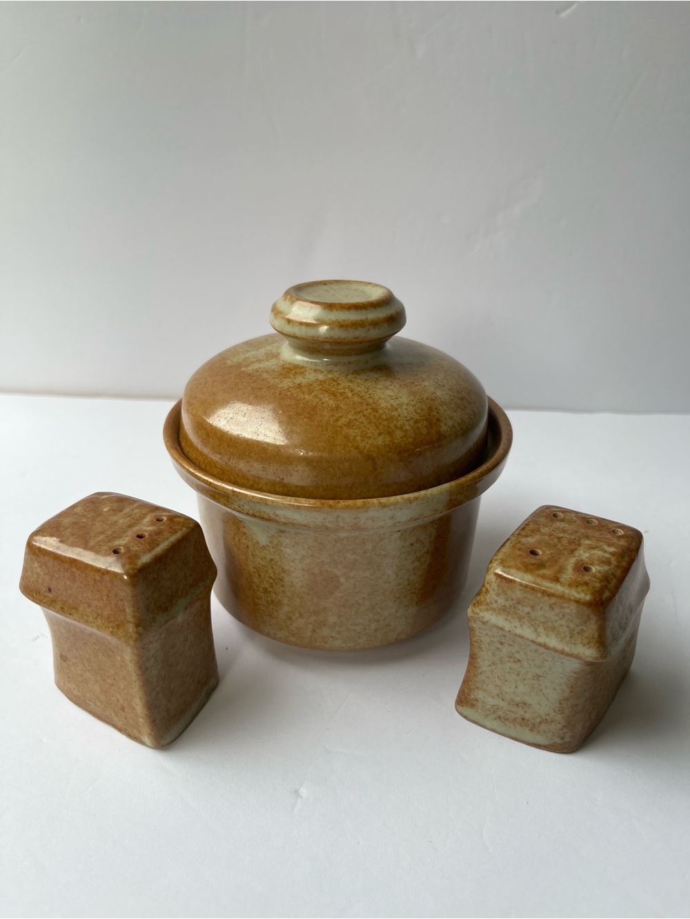 Vintage Studio Pottery Stoneware Covered Dish & Salt/Pepper Shakers Set